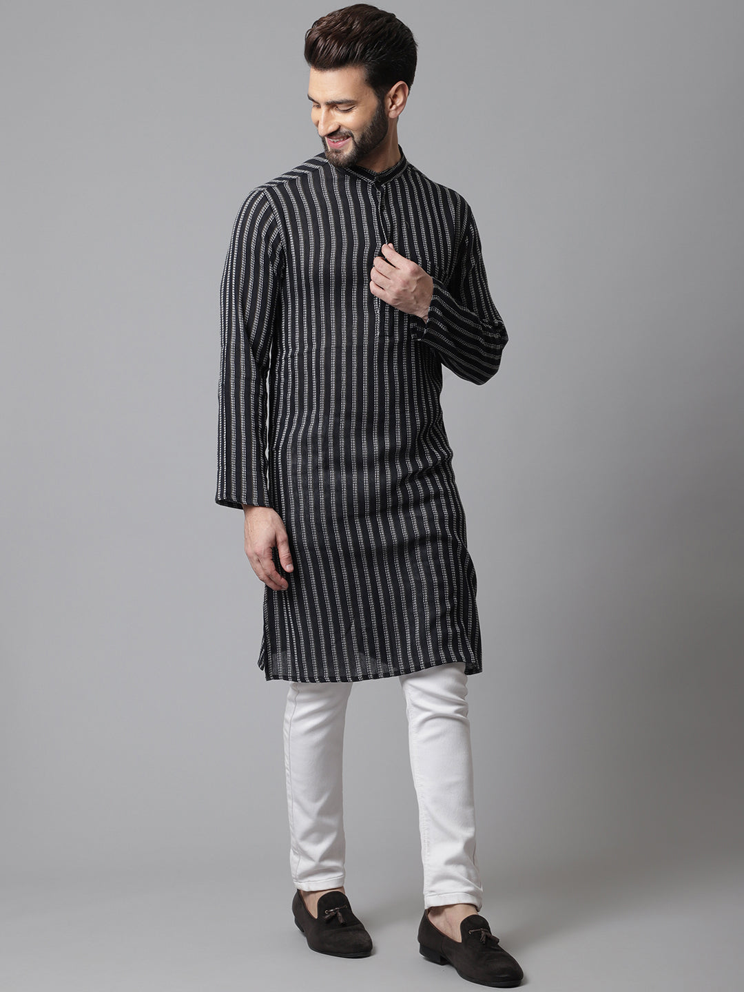 Even Apparels Black Pure Cotton Kurta With Band Collar | Grocsy
