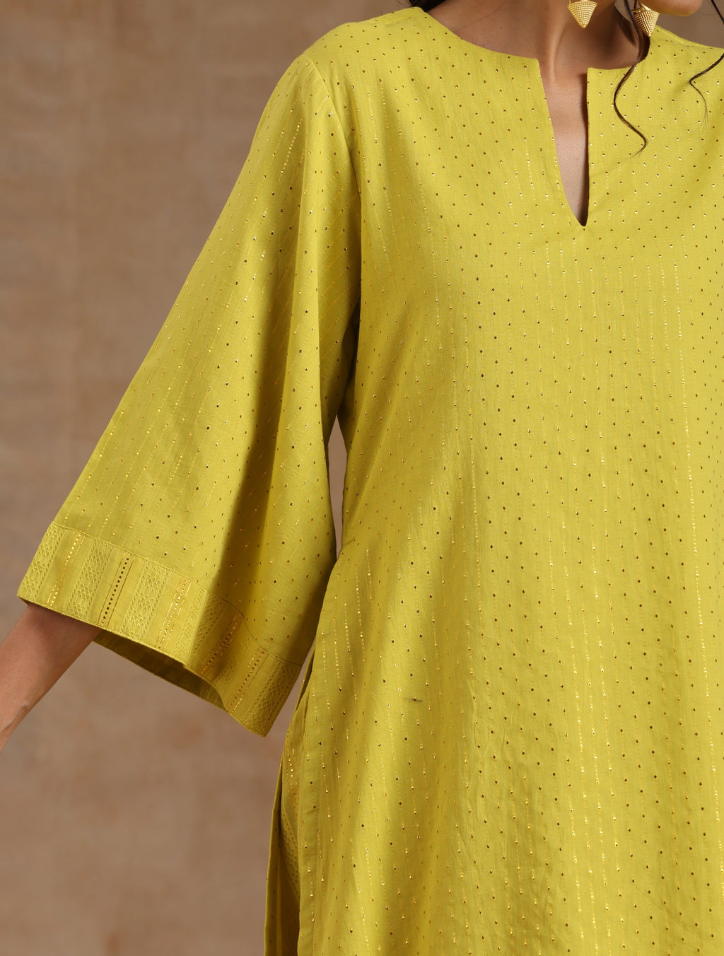 trueBrowns Lime Gold Cotton Relax High Slit Kurta Set | Grocsy