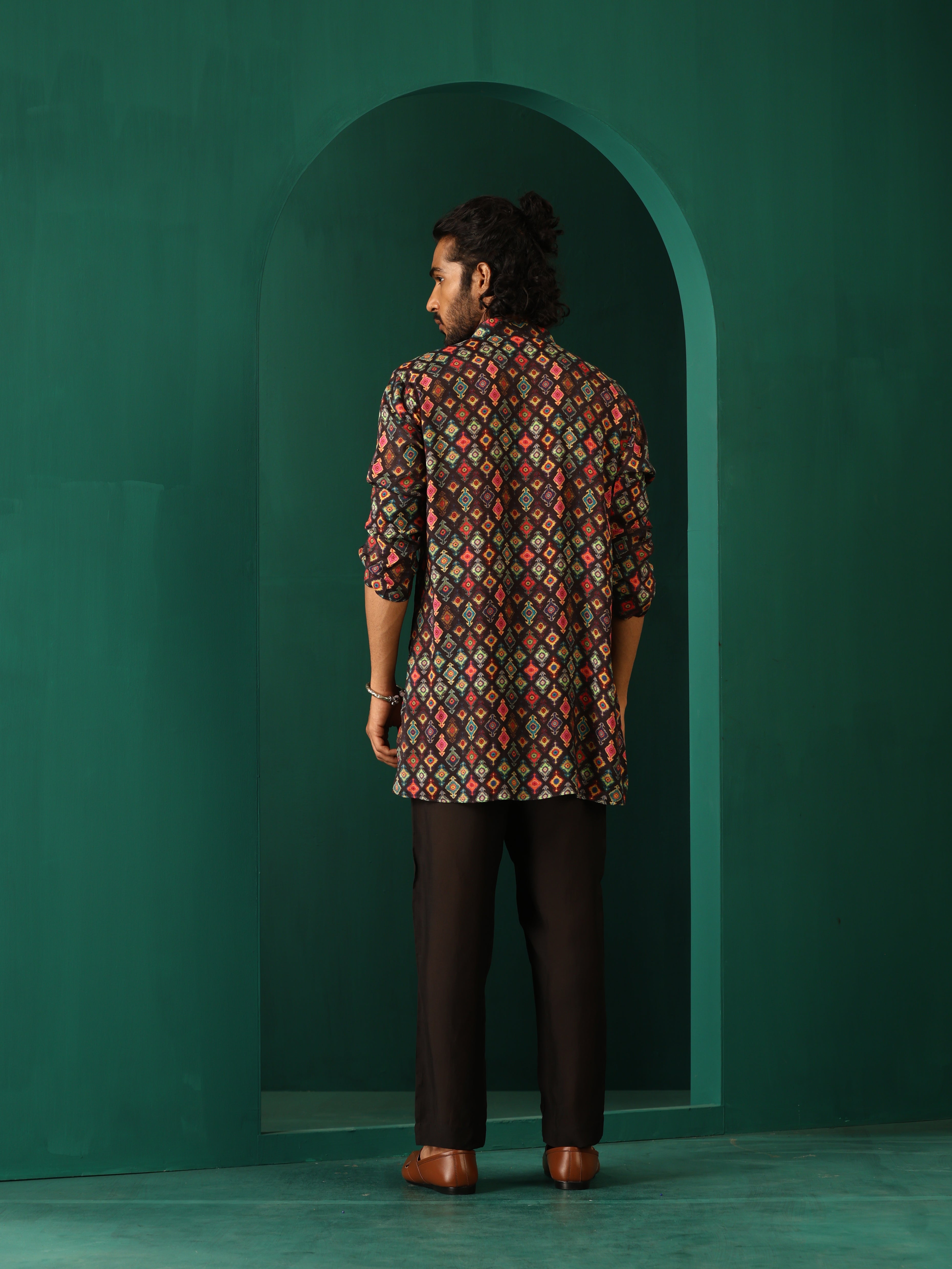 trueBrowns Men's Black Ikat Muslin Silk Printed Co-ord Set | Grocsy