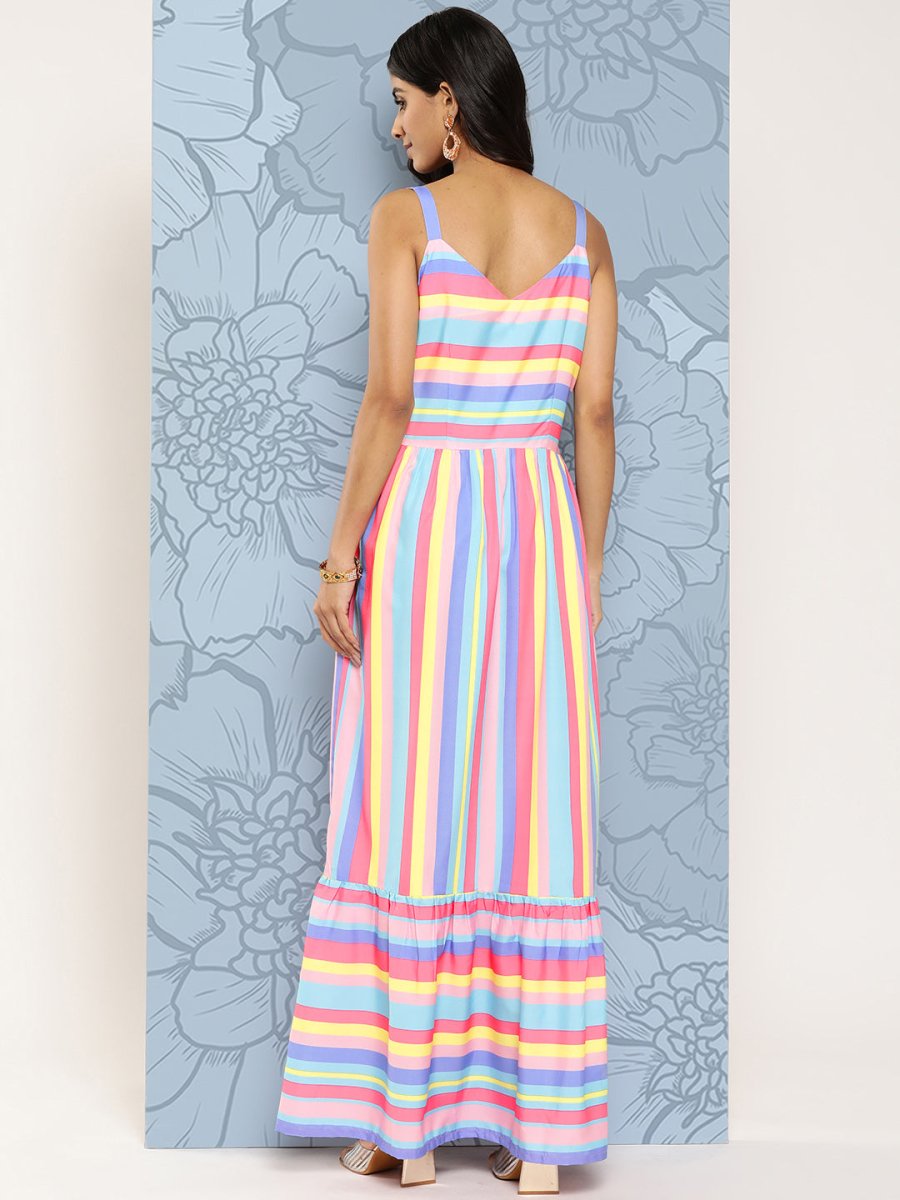 Ahalyaa Striped Crepe Maxi Ethnic Dress | Grocsy