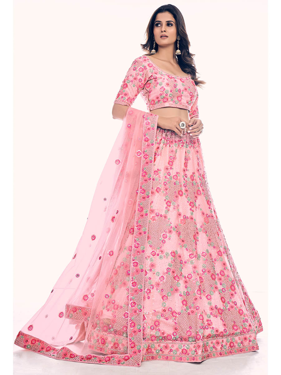 Myra Peach Soft Net Embroidered Designer Lehenga Choli | Grocsy