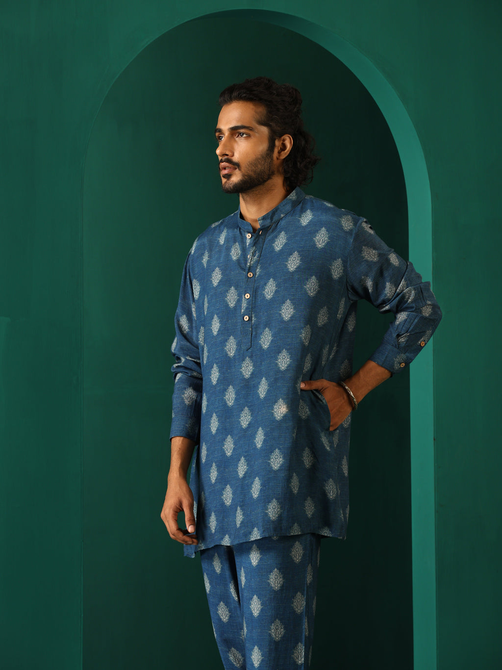 trueBrowns Men's Blue Floral Muslin Silk Printed Co-ord Set | Grocsy