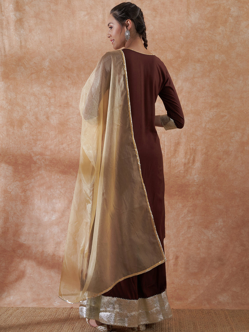 InWeave Women's Brown Gota Work Anarkali Kurta Set W Dupatta | Grocsy