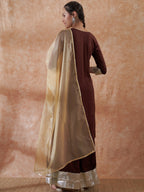 InWeave Women's Brown Gota Work Anarkali Kurta Set W Dupatta | Grocsy