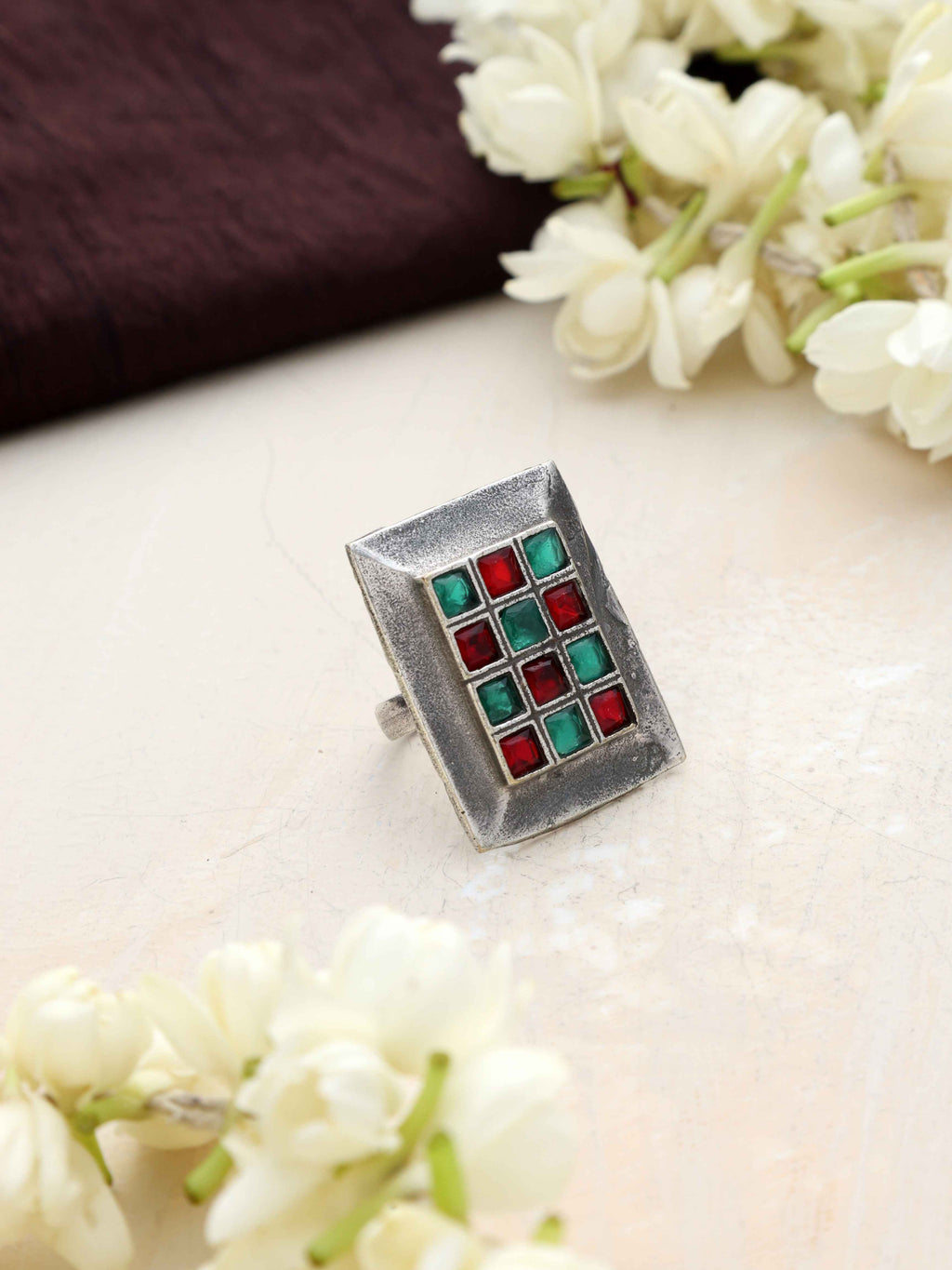trueBrowns Silver Tone Rectangular Stone Ring | Grocsy