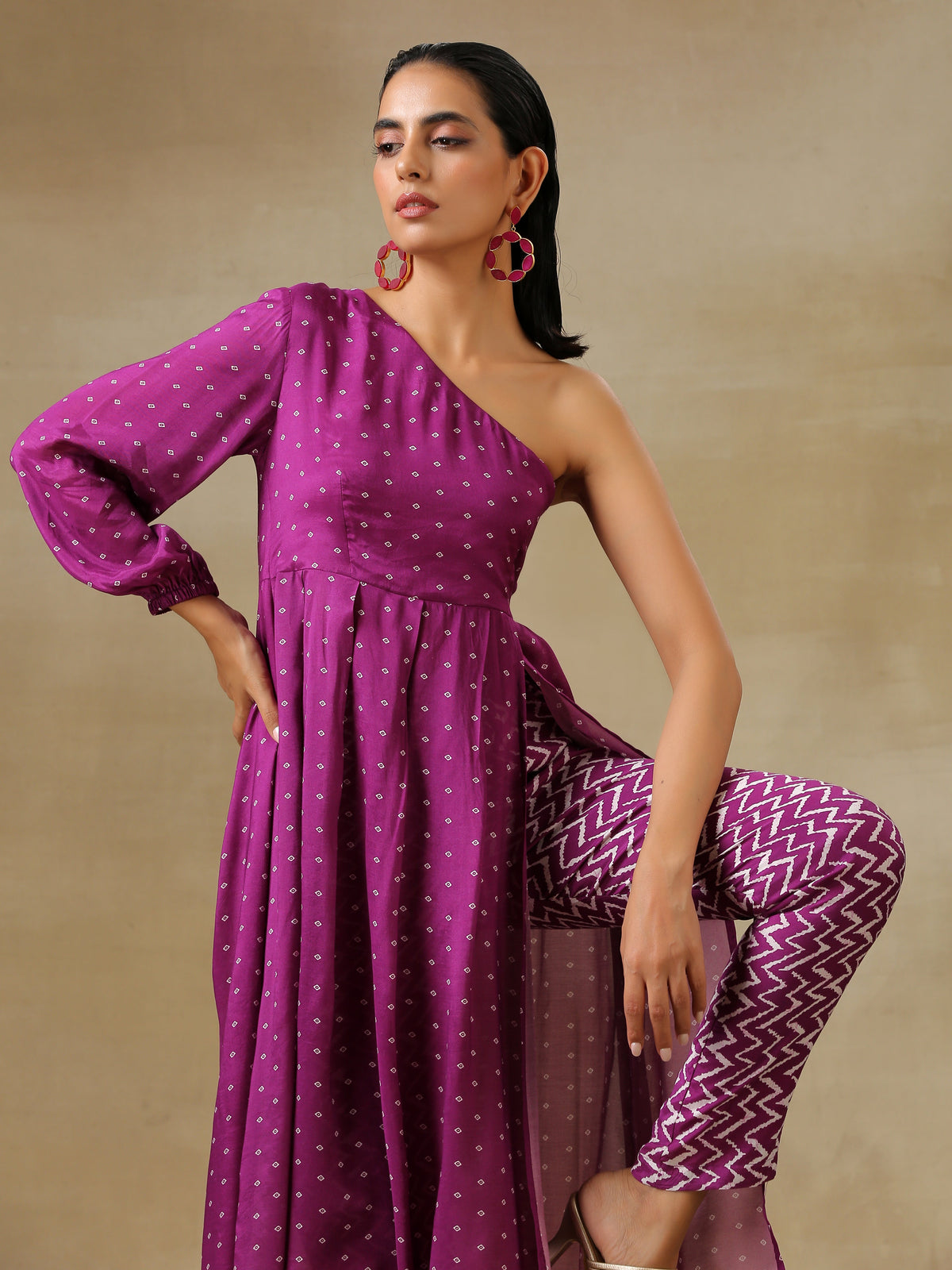 trueBrowns Purple Bandhani Printed Silk One Shoulder Kurta Pant Set | Grocsy