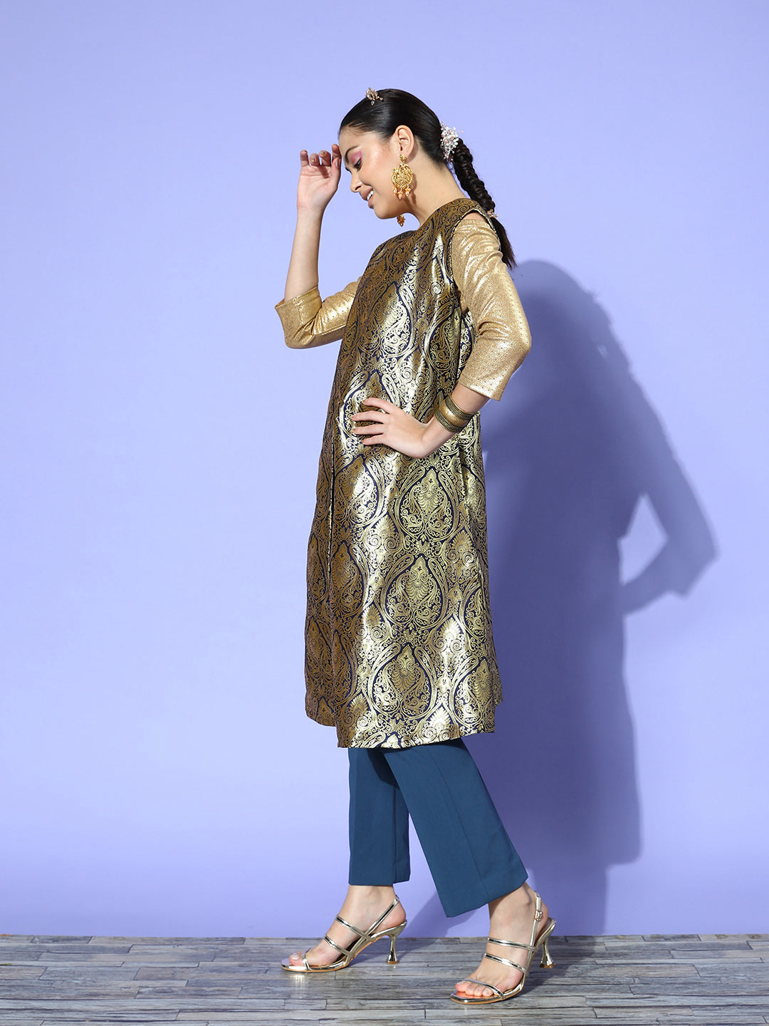 InWeave Women's Navy Brocade Jacket | Grocsy