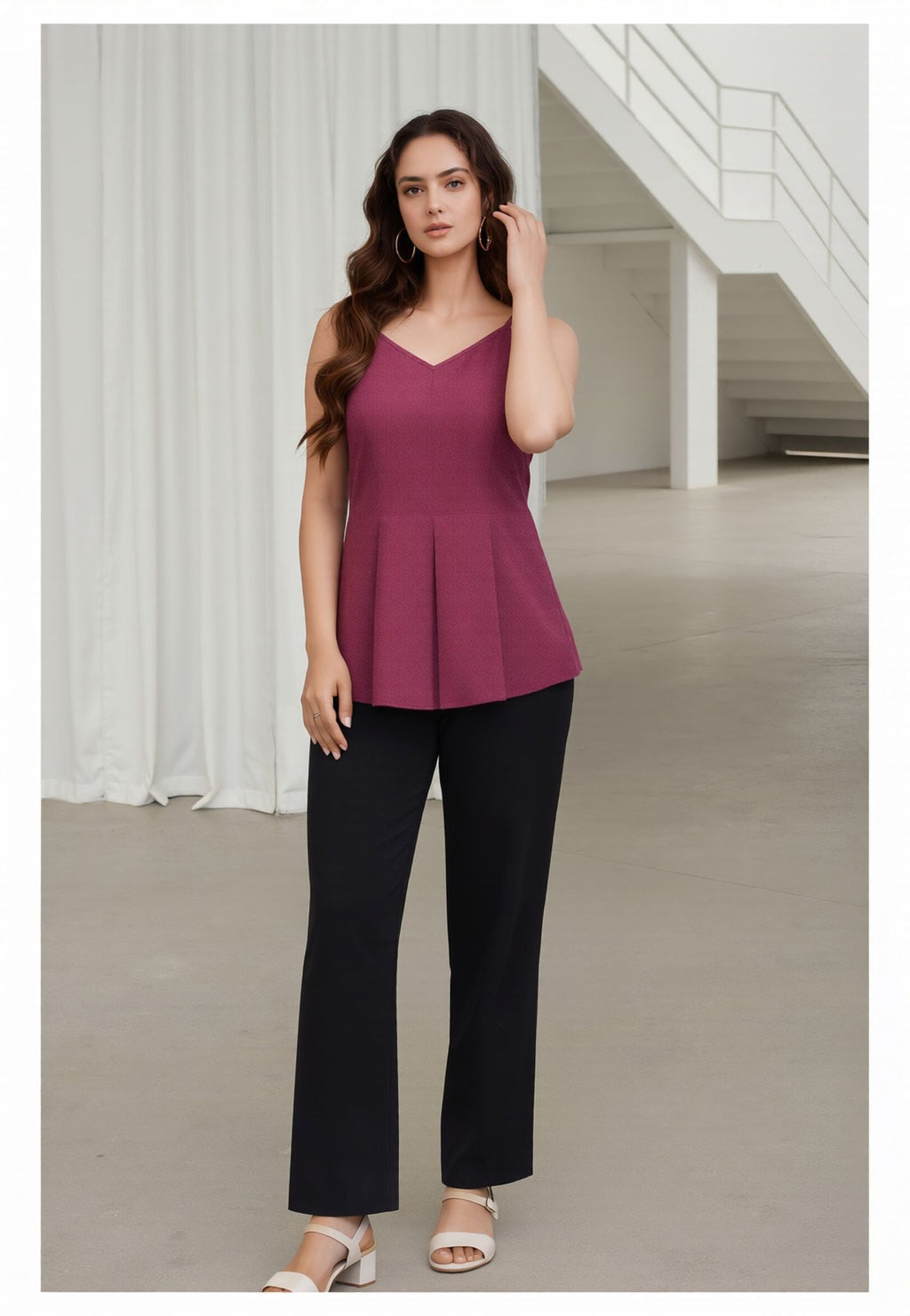Myshka Women Mauve Linen Shoulder Strap Pleated Top | Grocsy