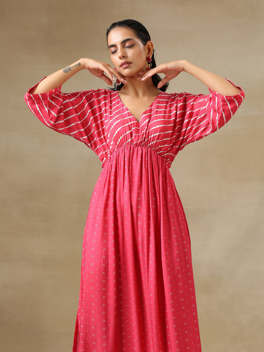 trueBrowns Pink Bandhani Printed Silk Drop Shoulder Dress | Grocsy