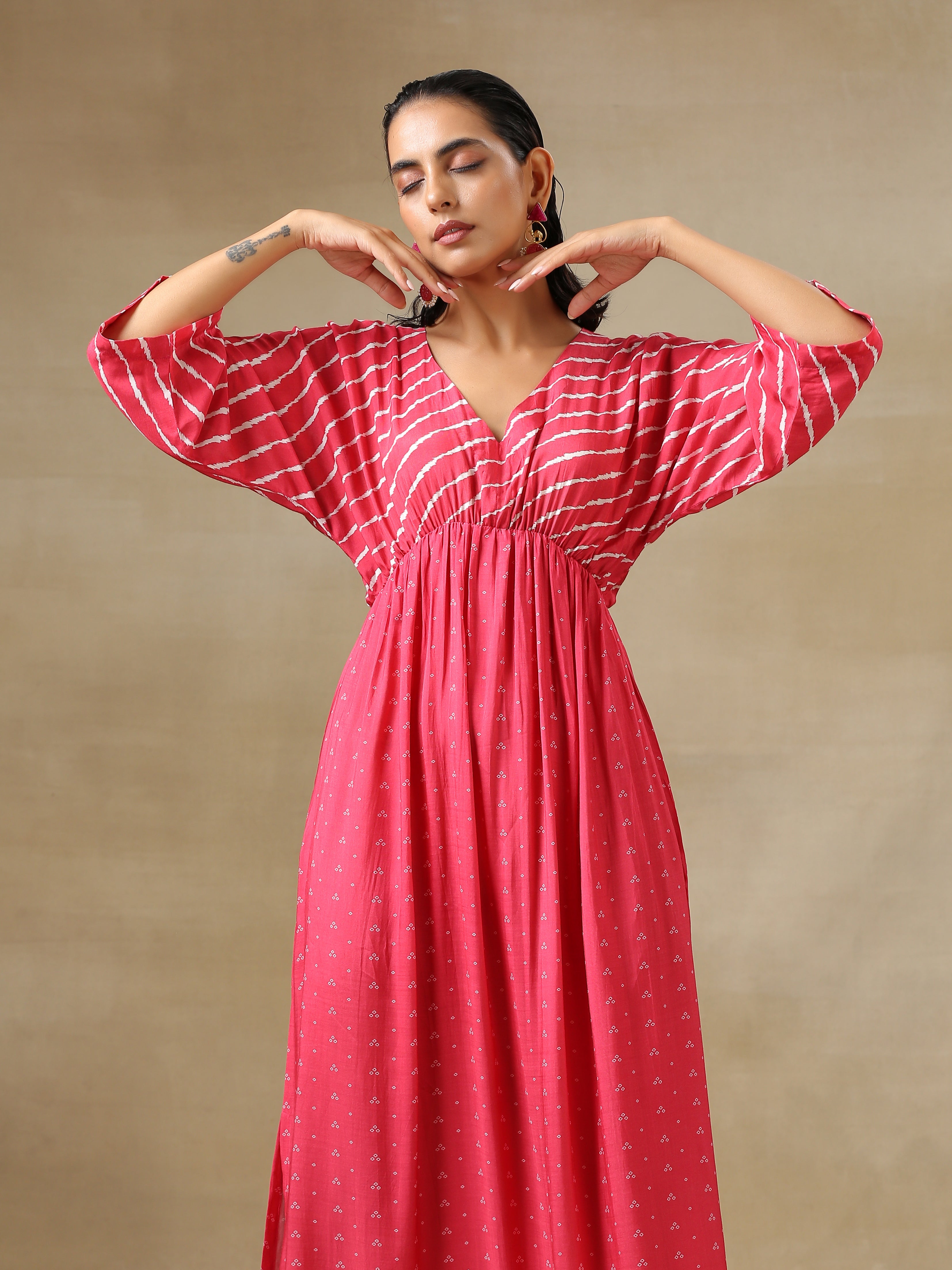 trueBrowns Pink Bandhani Printed Silk Drop Shoulder Dress | Grocsy