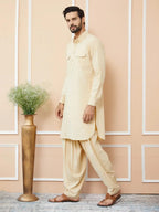 Fabmade Beige Cotton Linen Pathani Kurta With Salwar | Grocsy