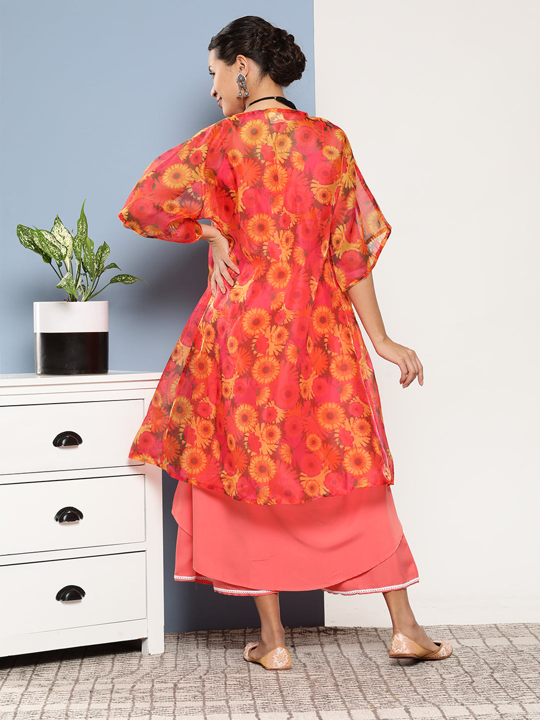 InWeave Women's Peach Cr Strappy Set With Peach Yellow Floral Cape | Grocsy