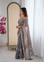 Evanik Grey Mos Silk With Handwork Butterfly Design Saree With Unstitched Blouse | Grocsy