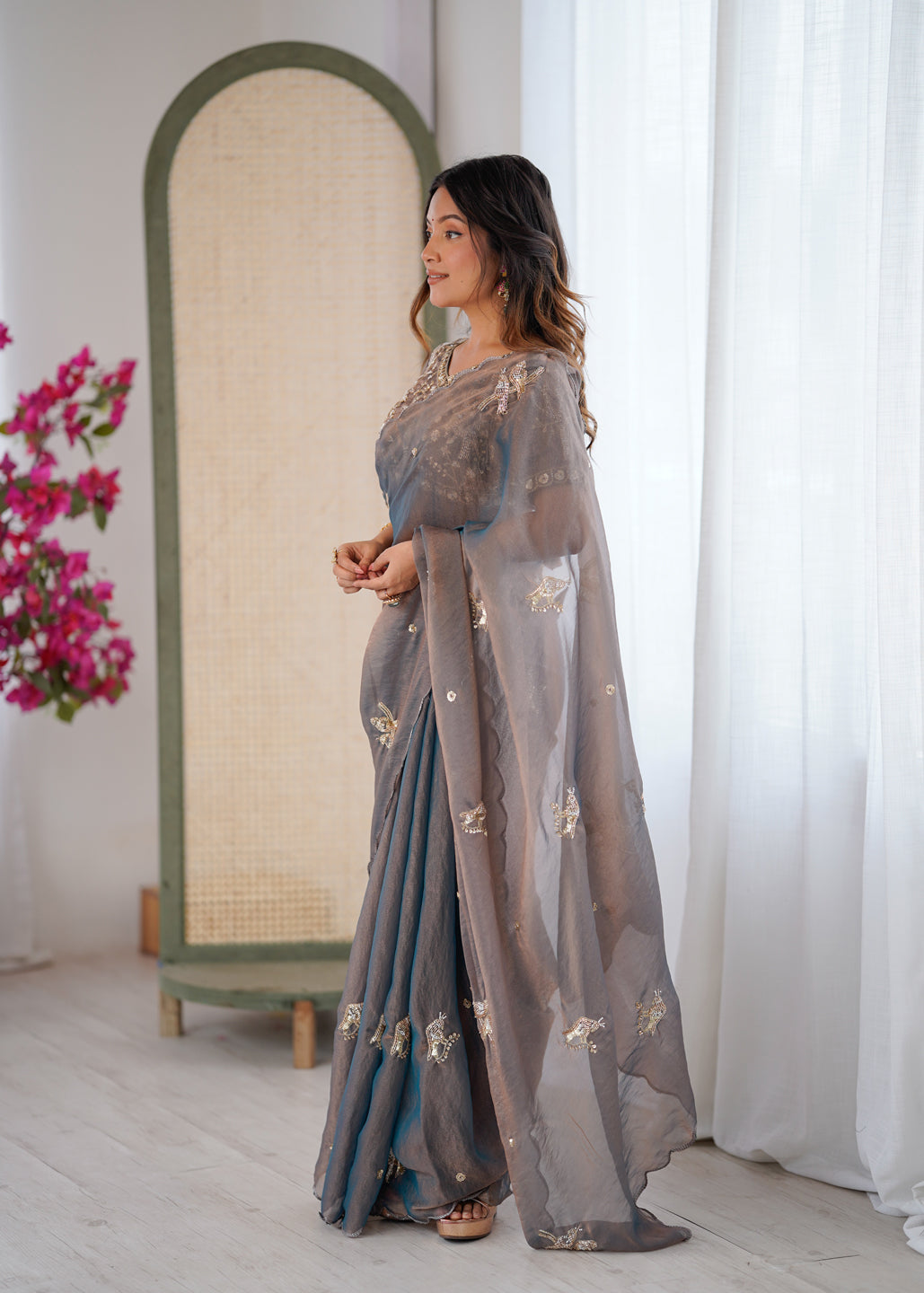 Evanik Grey Mos Silk With Handwork Butterfly Design Saree With Unstitched Blouse | Grocsy