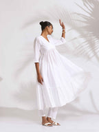 trueBrowns White Cotton Schiffli Flared Anarkali Kurta Set | Grocsy