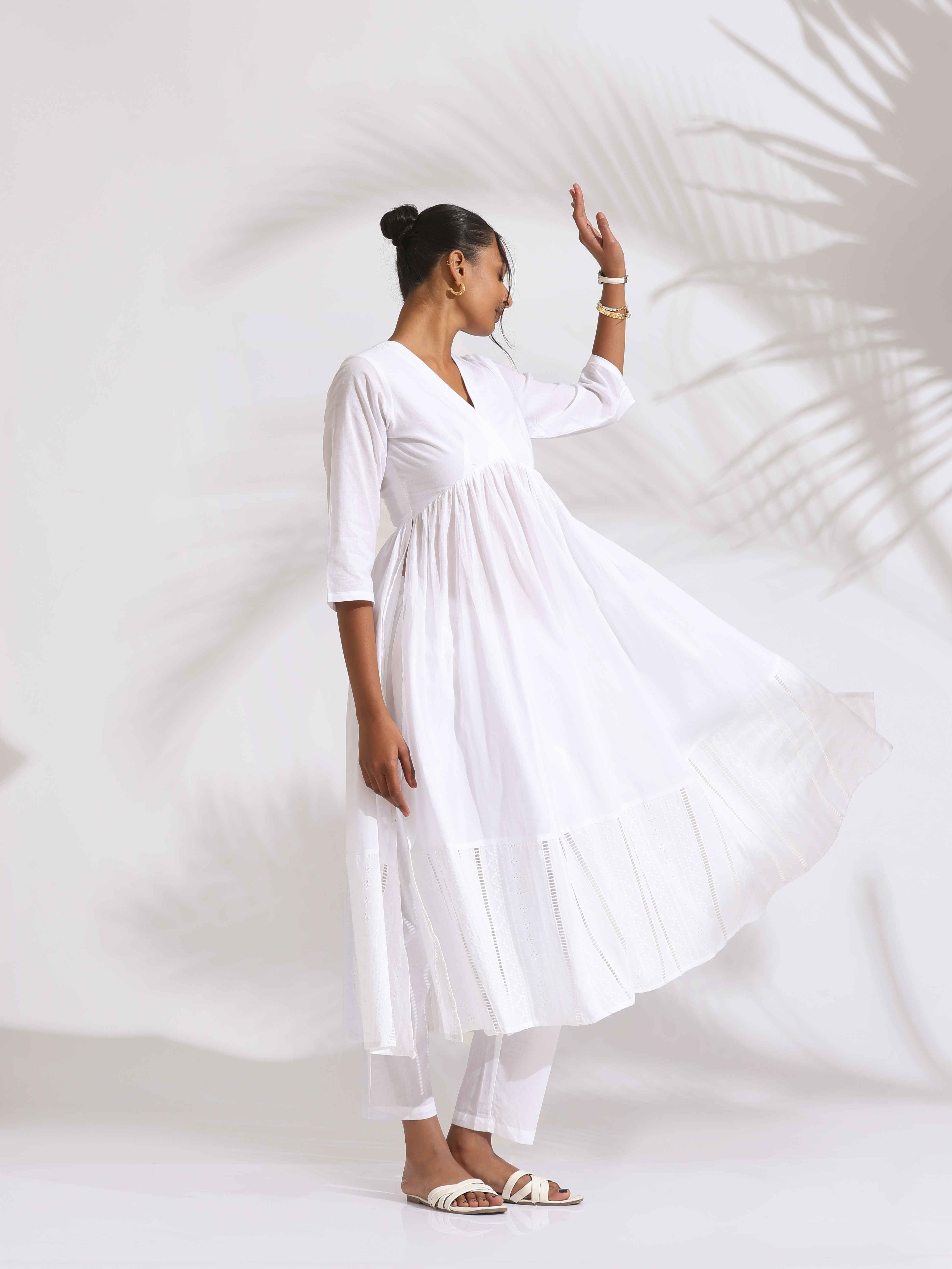 trueBrowns White Cotton Schiffli Flared Anarkali Kurta Set | Grocsy