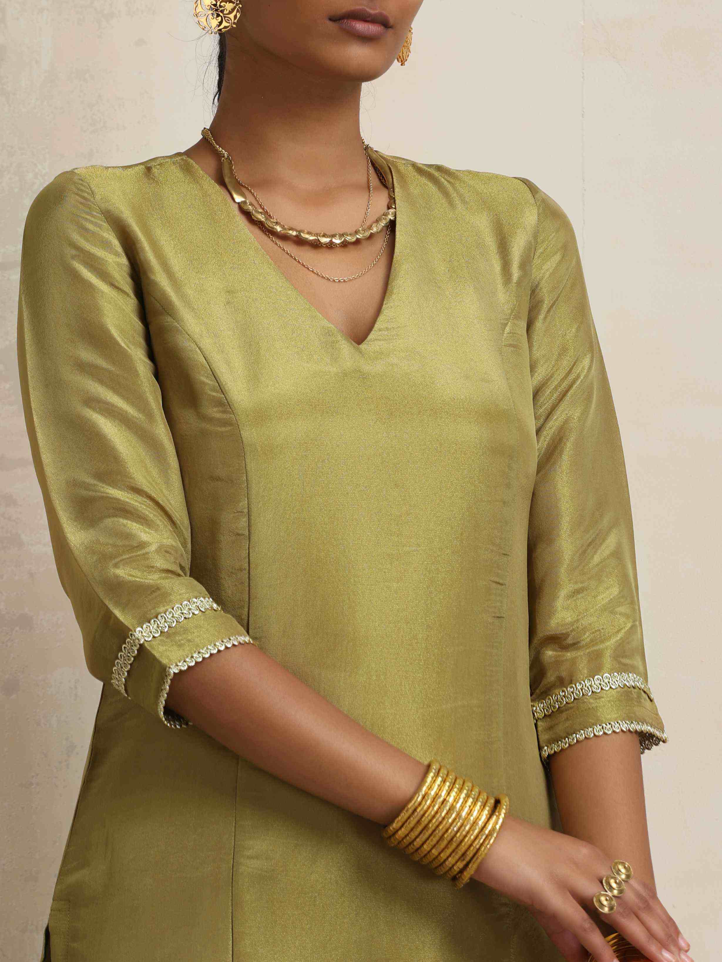trueBrowns Green Tissue Straight Kurta Set | Grocsy