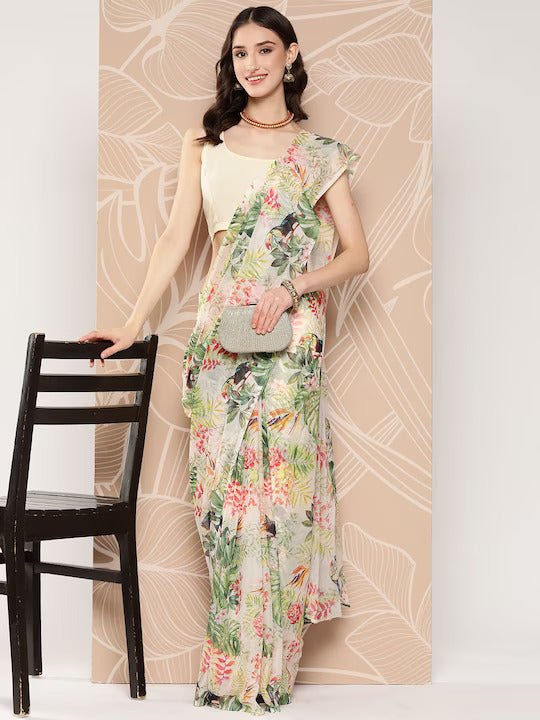 Ahalyaa Floral Printed Poly Chiffon Saree | Grocsy
