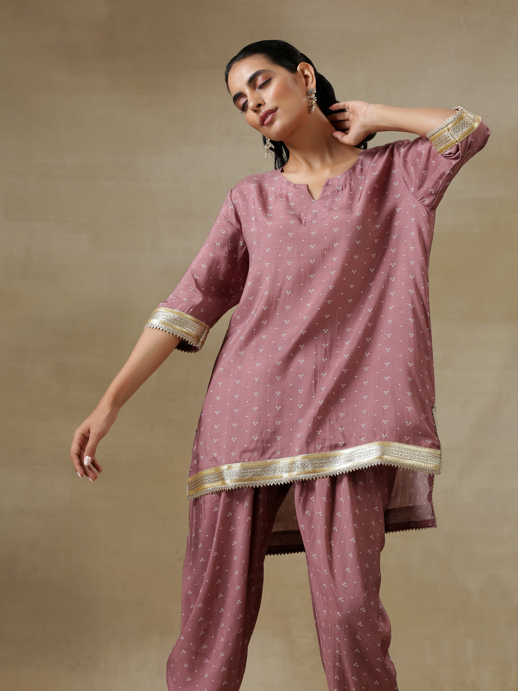trueBrowns Dark Mauve Bandhani Printed Silk Loose Kurta Dhoti Pant Set | Grocsy