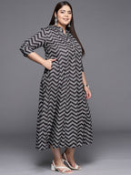 Ahalyaa Plus Size Chevron Print Crepe Mandarin Collar A-line Midi Ethnic Dress | Grocsy