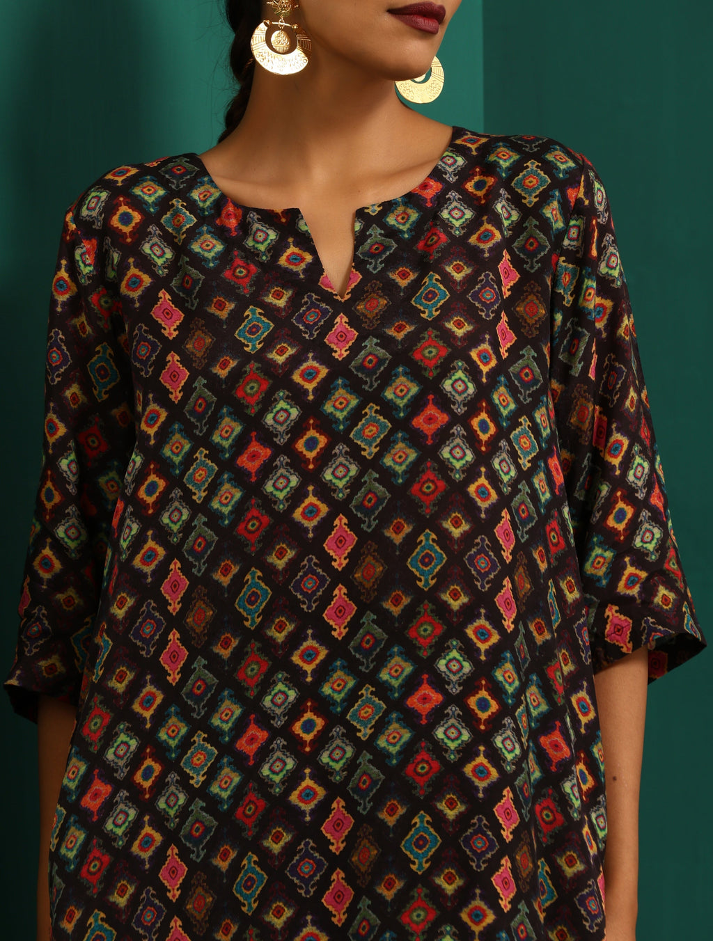 trueBrowns Black Ikat Muslin Silk Printed High Low Co-ord Set | Grocsy