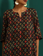 trueBrowns Black Ikat Muslin Silk Printed High Low Co-ord Set | Grocsy