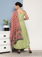InWeave Women's Light Green Ray Strappy Set With Orange Floral Cotton Dupatta | Grocsy