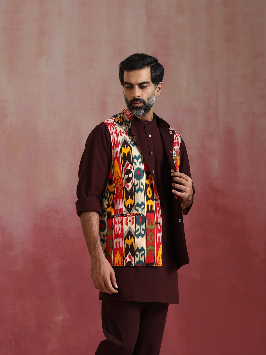 trueBrowns Men's Cola Ikat Print Cotton Reversible Nehru Jacket | Grocsy