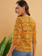 InWeave Women's Haldi Yellow Mughal Kalamkari Top | Grocsy