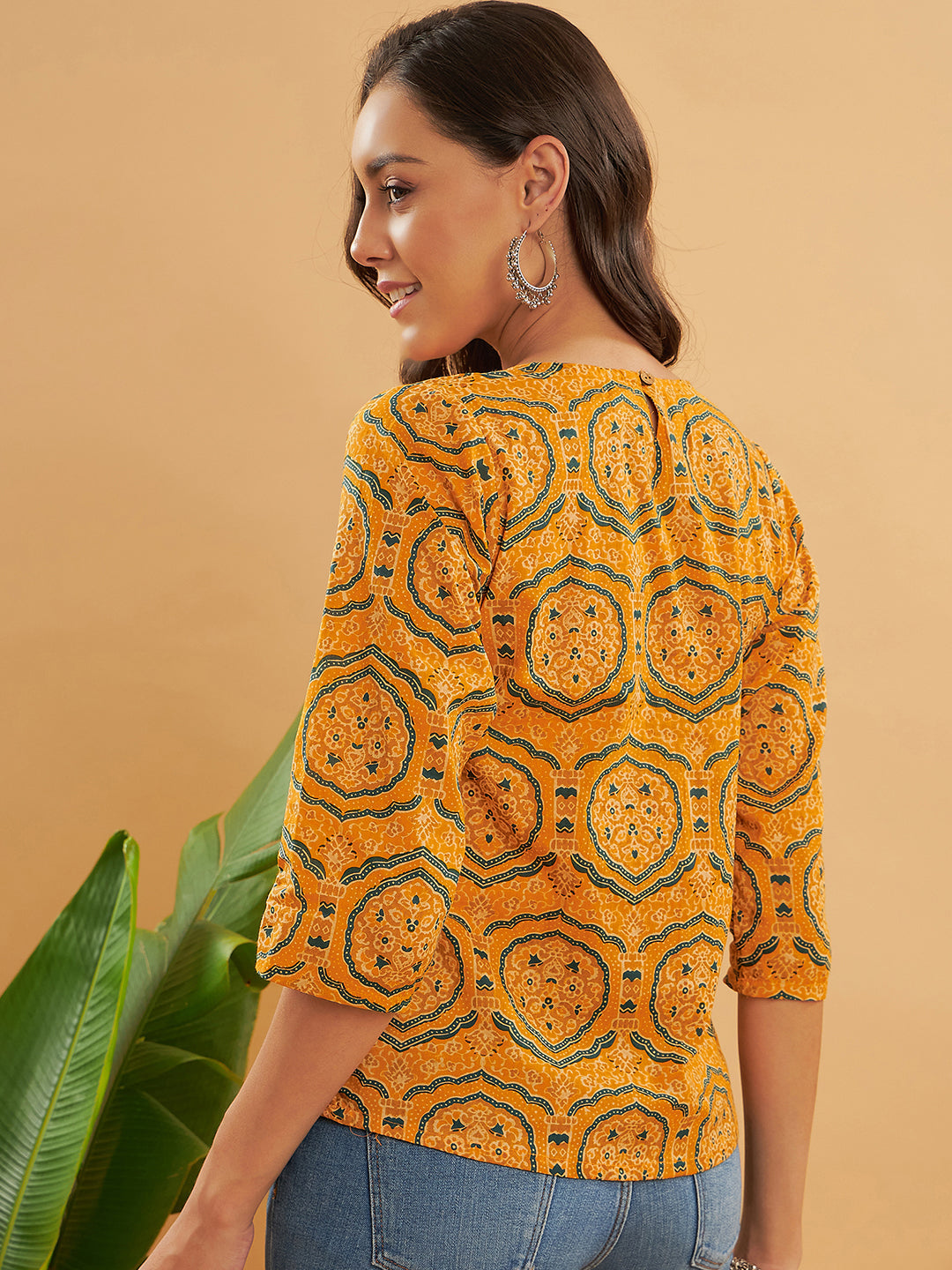 InWeave Women's Haldi Yellow Mughal Kalamkari Top | Grocsy