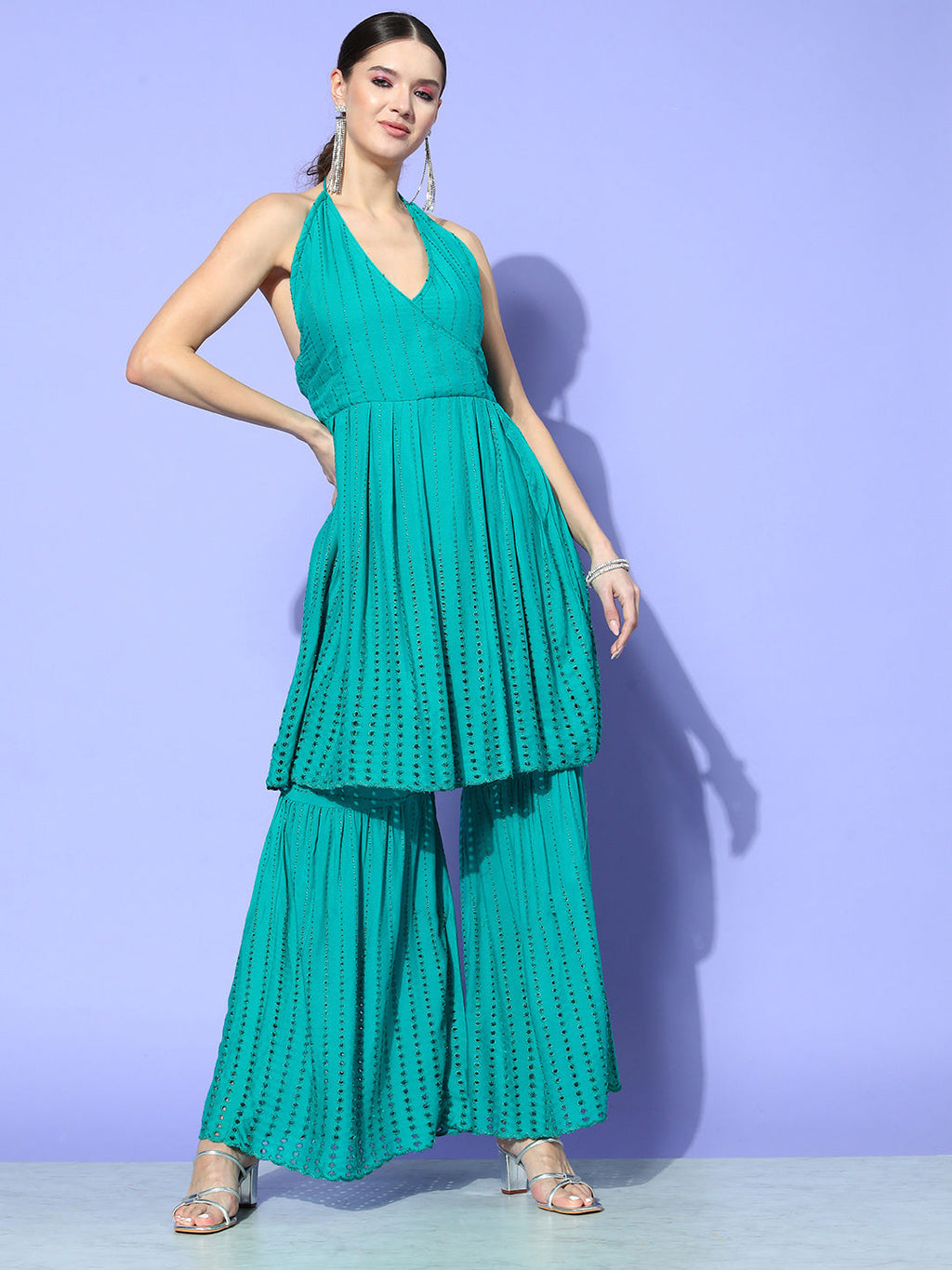 InWeave Women's Teal Lace Work Backless Kurta Sharara Set | Grocsy