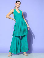 InWeave Women's Teal Lace Work Backless Kurta Sharara Set | Grocsy