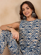 InWeave Peacock Blue White Moroccan Print Round Neck Kurta Set | Grocsy