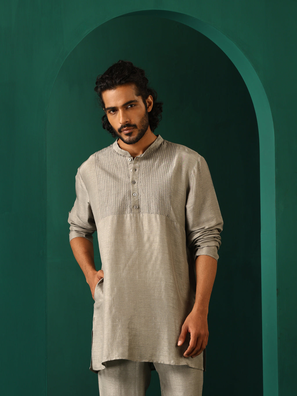 trueBrowns Men's Grey Silk Co-ord Set Yoke Detail | Grocsy