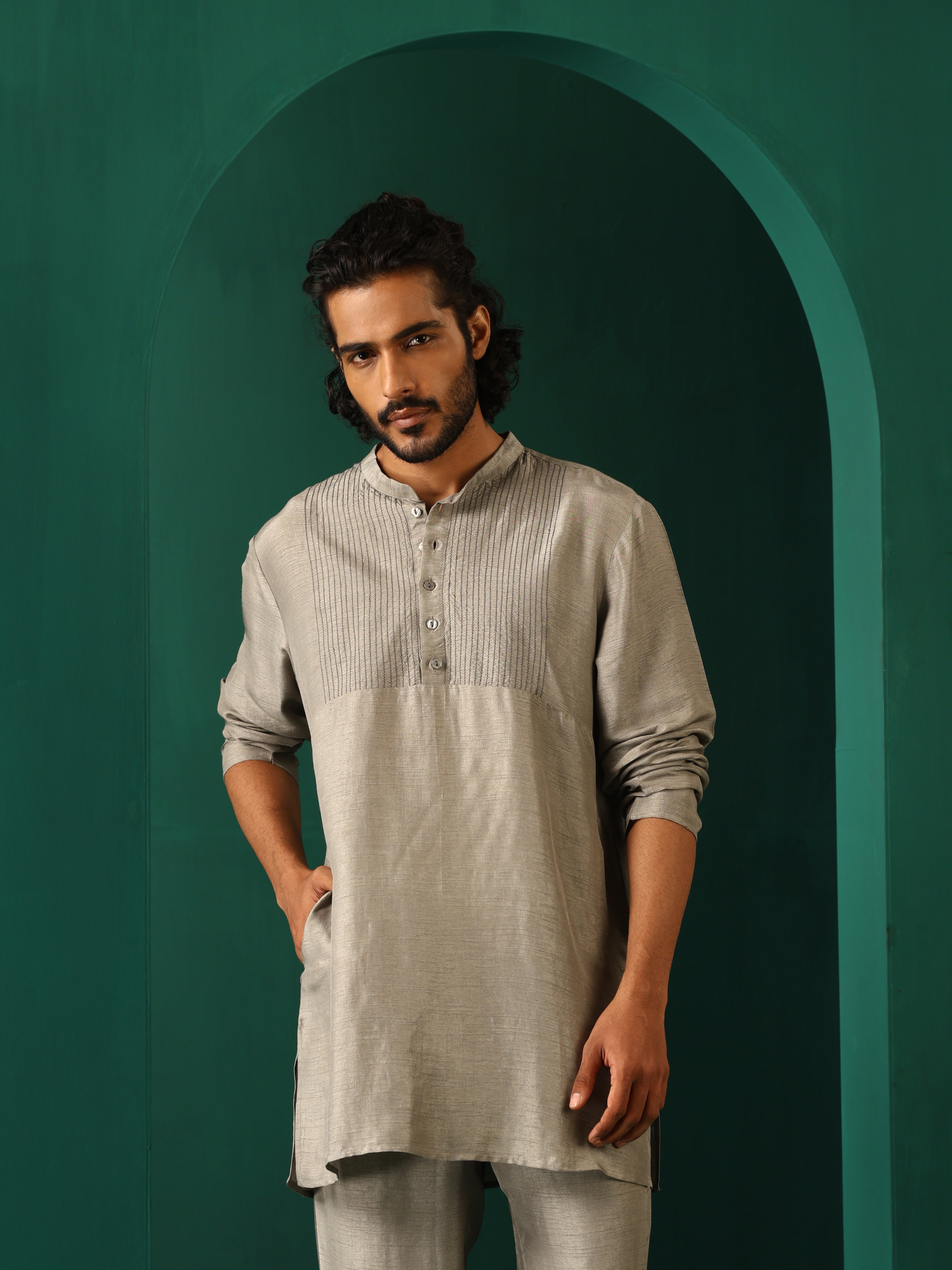 trueBrowns Men's Grey Silk Co-ord Set Yoke Detail | Grocsy
