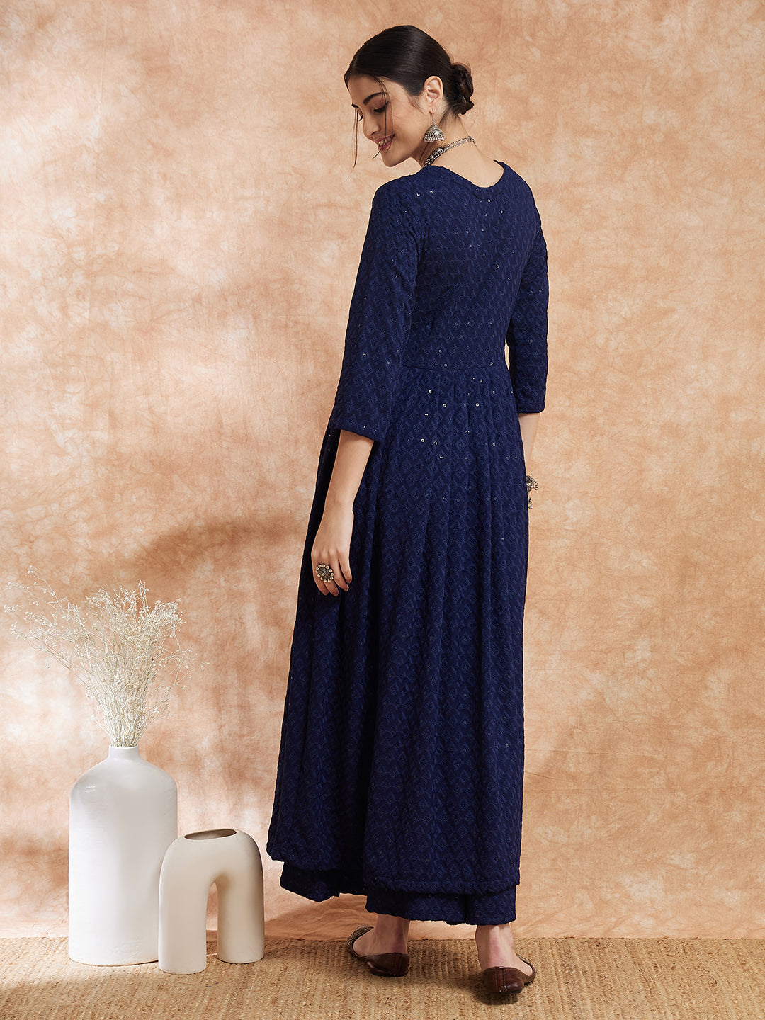 InWeave Women's Royal Blue Chikankari Long Anarkali Kurta Sharara Set | Grocsy