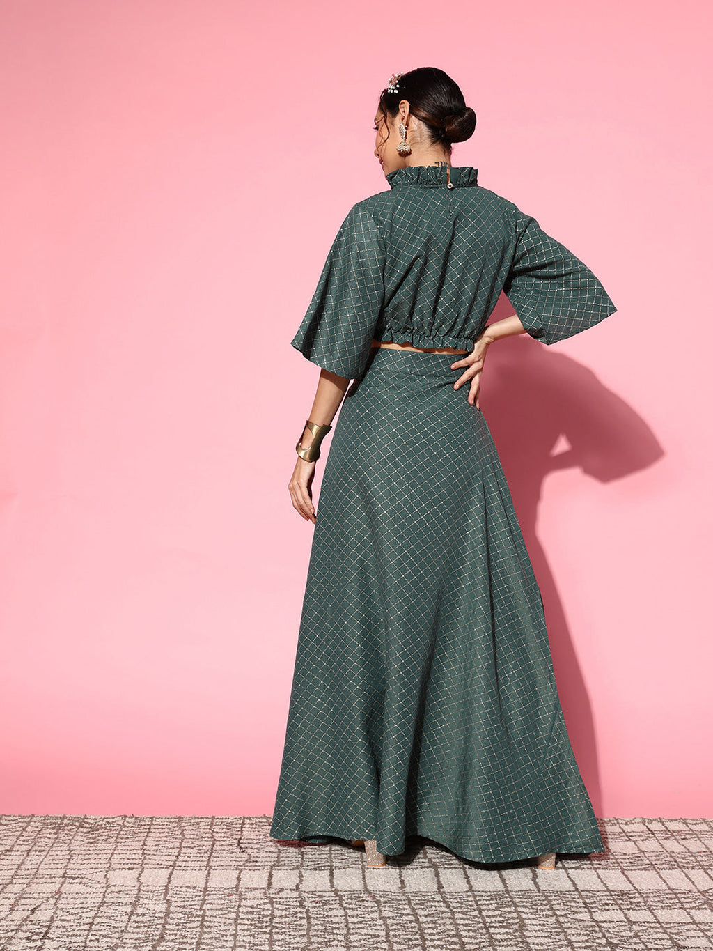 InWeave Women's Hunter Green Gold Crop Top With Side Slit Skirt | Grocsy