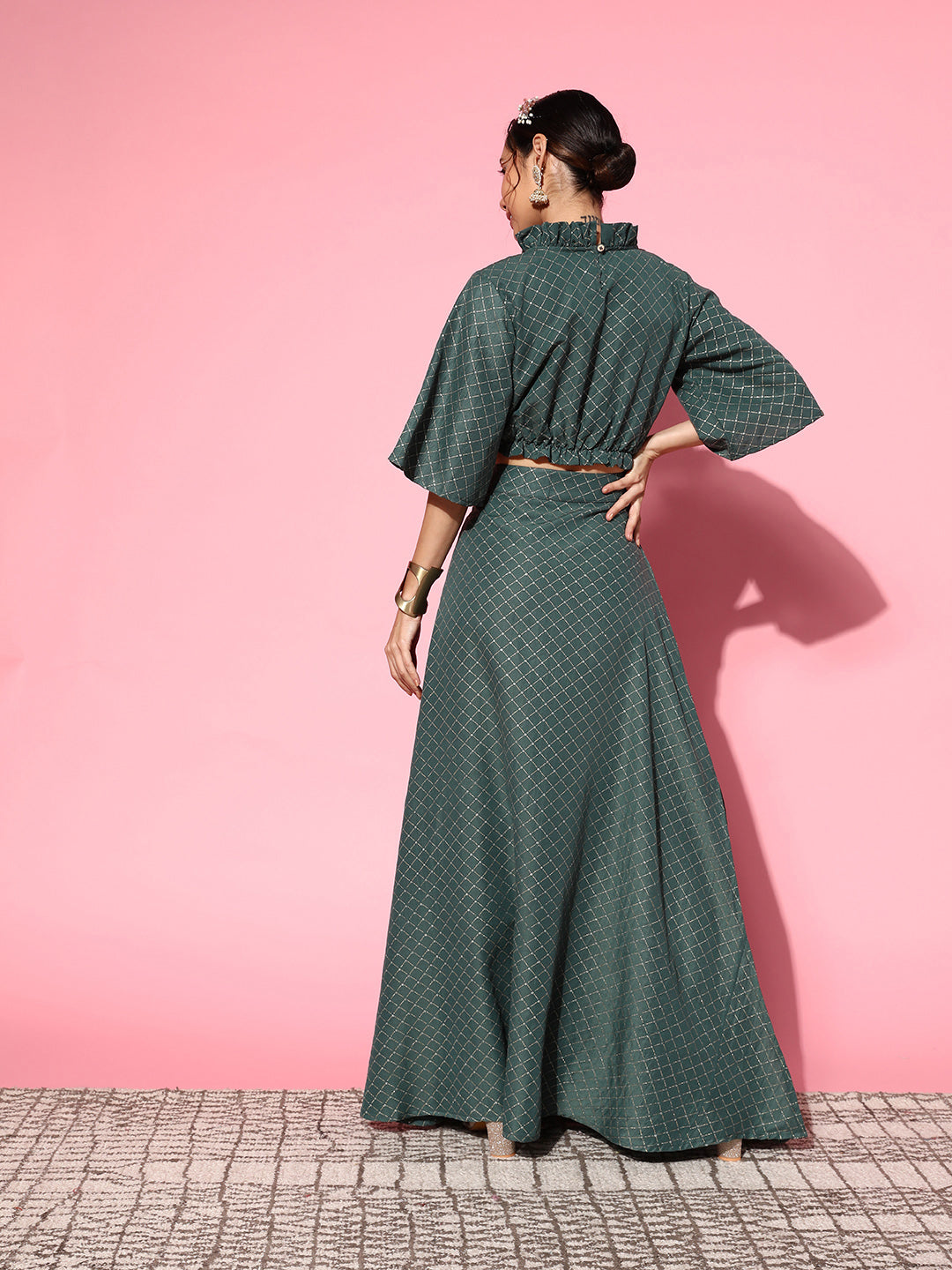 InWeave Women's Hunter Green Gold Crop Top With Side Slit Skirt | Grocsy