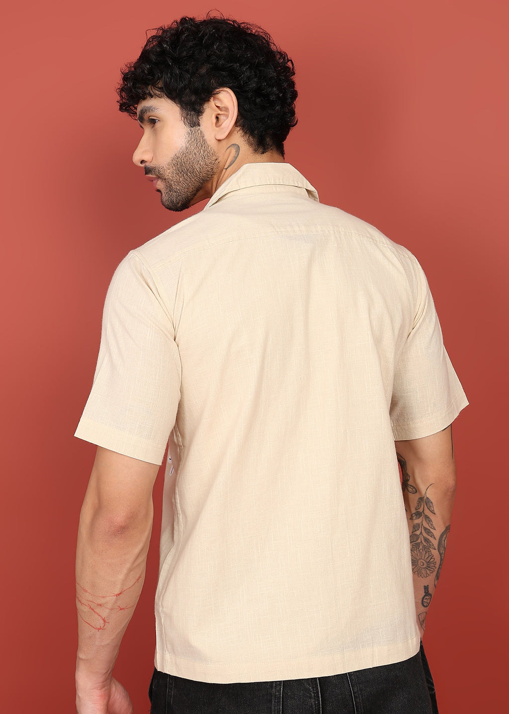 Fabmade Men’S Beige Linen Embroidered Resort Shirt | Grocsy
