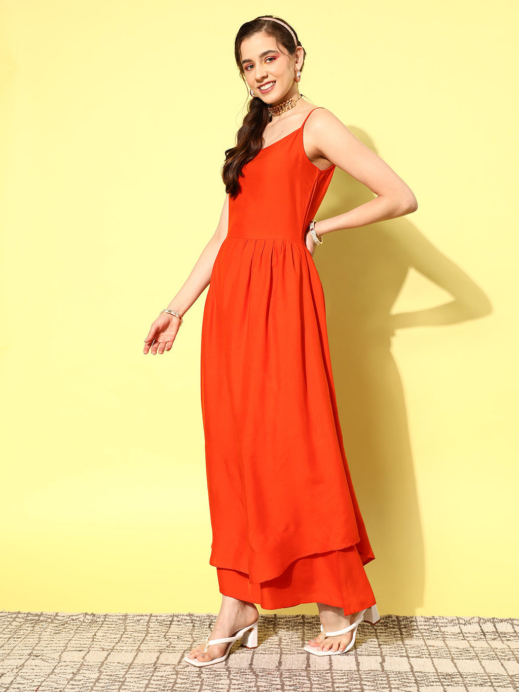 InWeave Women's Orange Strappy Set W Green Organza Cape | Grocsy