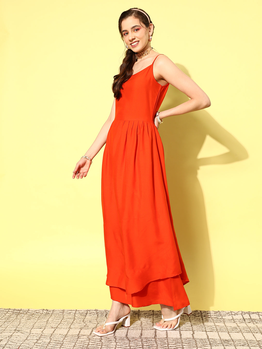 InWeave Women's Orange Strappy Set W Green Organza Cape | Grocsy