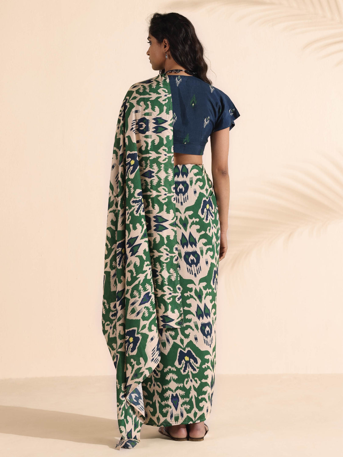 trueBrowns Green Blue Muslin Ikat Saree | Grocsy