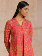 trueBrowns Flamingo Pink Overall Floral Block Print Cotton Slit Kurta Pant Set | Grocsy