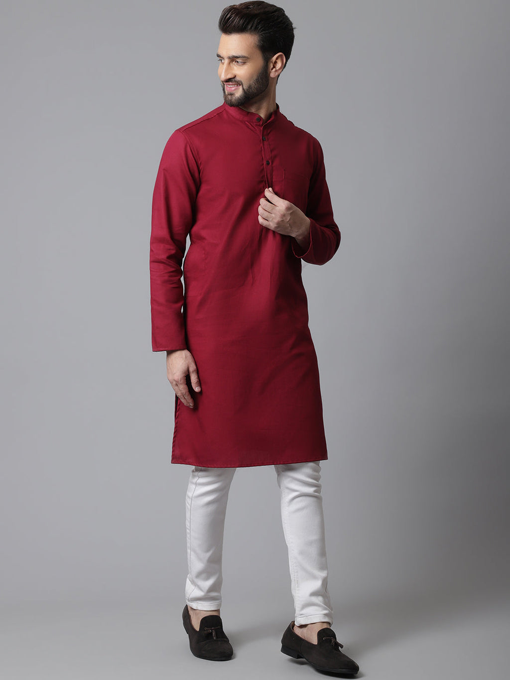 Even Apparels Maroon Pure Cotton Kurta With Band Collar | Grocsy