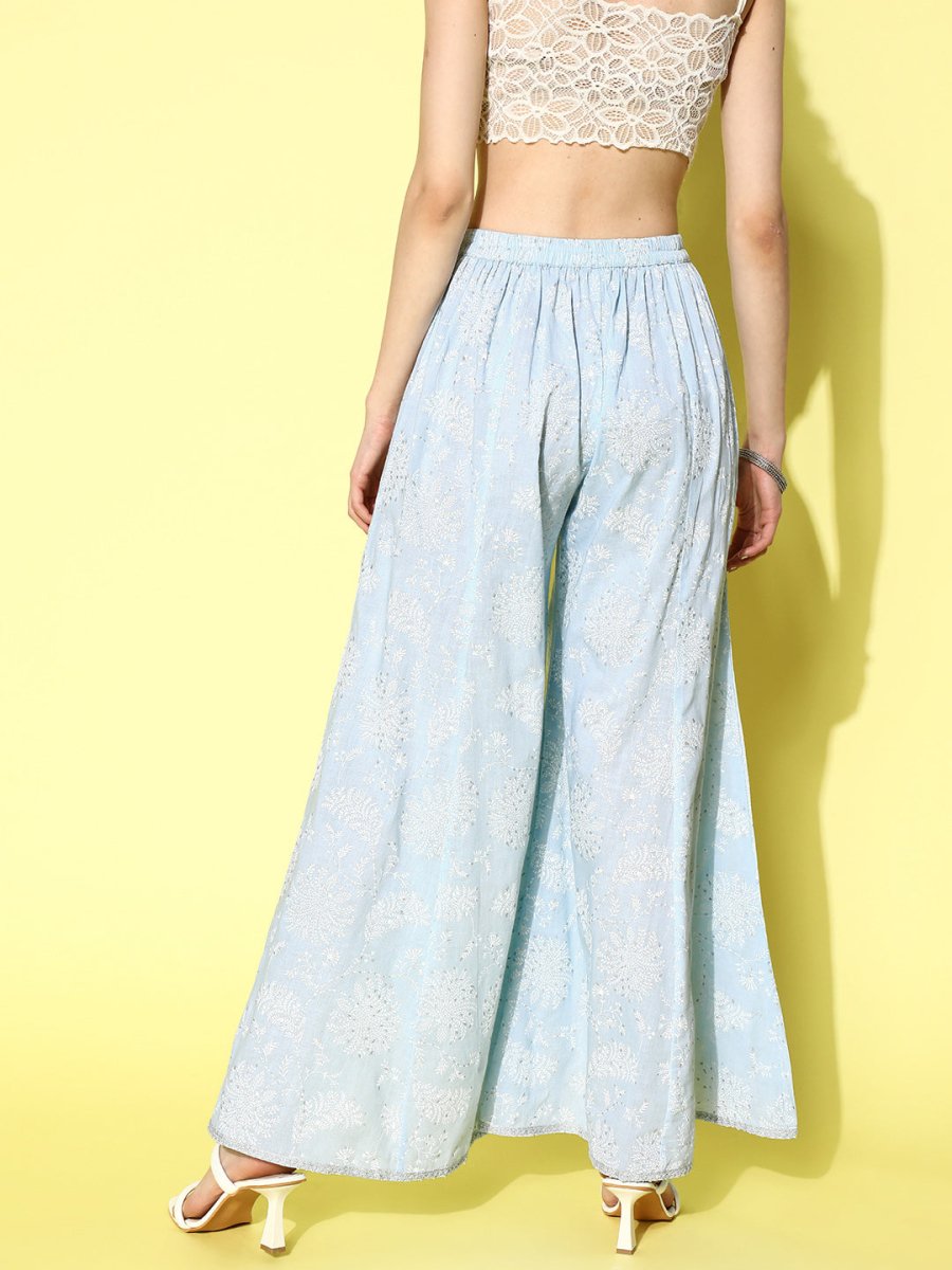 Ahalyaa Women Off White & Blue Floral Printed Flared Ethnic Palazzos | Grocsy