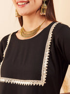 InWeave Women's Black Round Neck Square Gota Work Kurta Pant Set | Grocsy