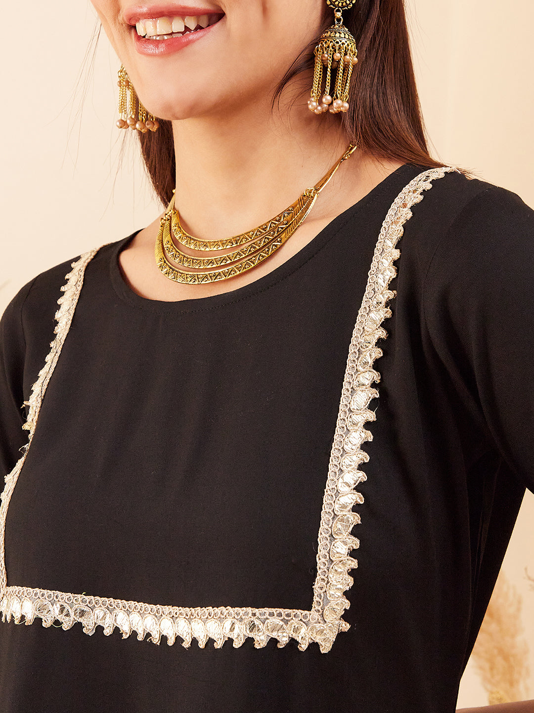 InWeave Women's Black Round Neck Square Gota Work Kurta Pant Set | Grocsy