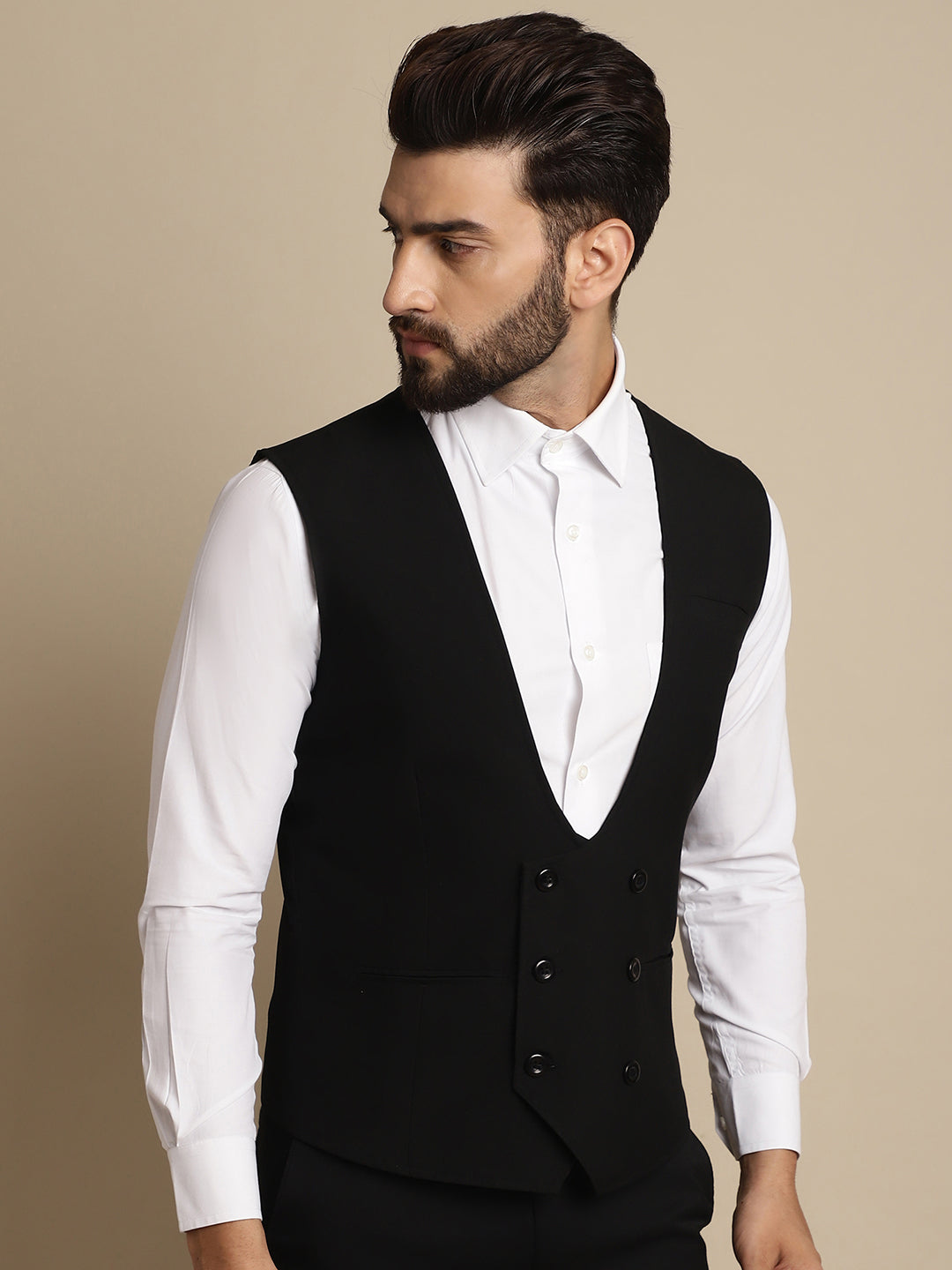 Even Apparels Men's Black Double Breast Waistcoat | Grocsy