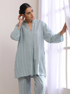 trueBrowns Eggshell Blue Dobby Relaxed Fit Co-Ord Set | Grocsy