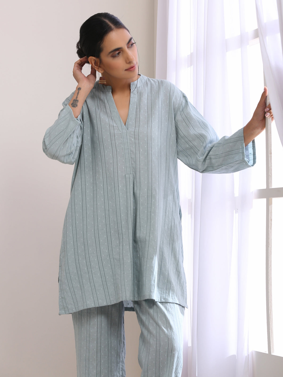 trueBrowns Eggshell Blue Dobby Relaxed Fit Co-Ord Set | Grocsy